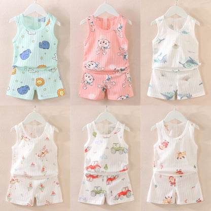 Cartoon Thin Style Sleeveless Baby Pajamas Set