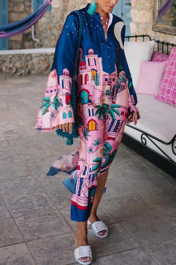 Vintage Satin Print Long Dress