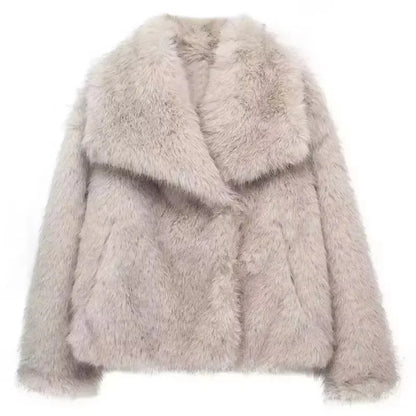 Elegant Faux Fur Warm Fluffy Loose Long Sleeve Lapel Jacket