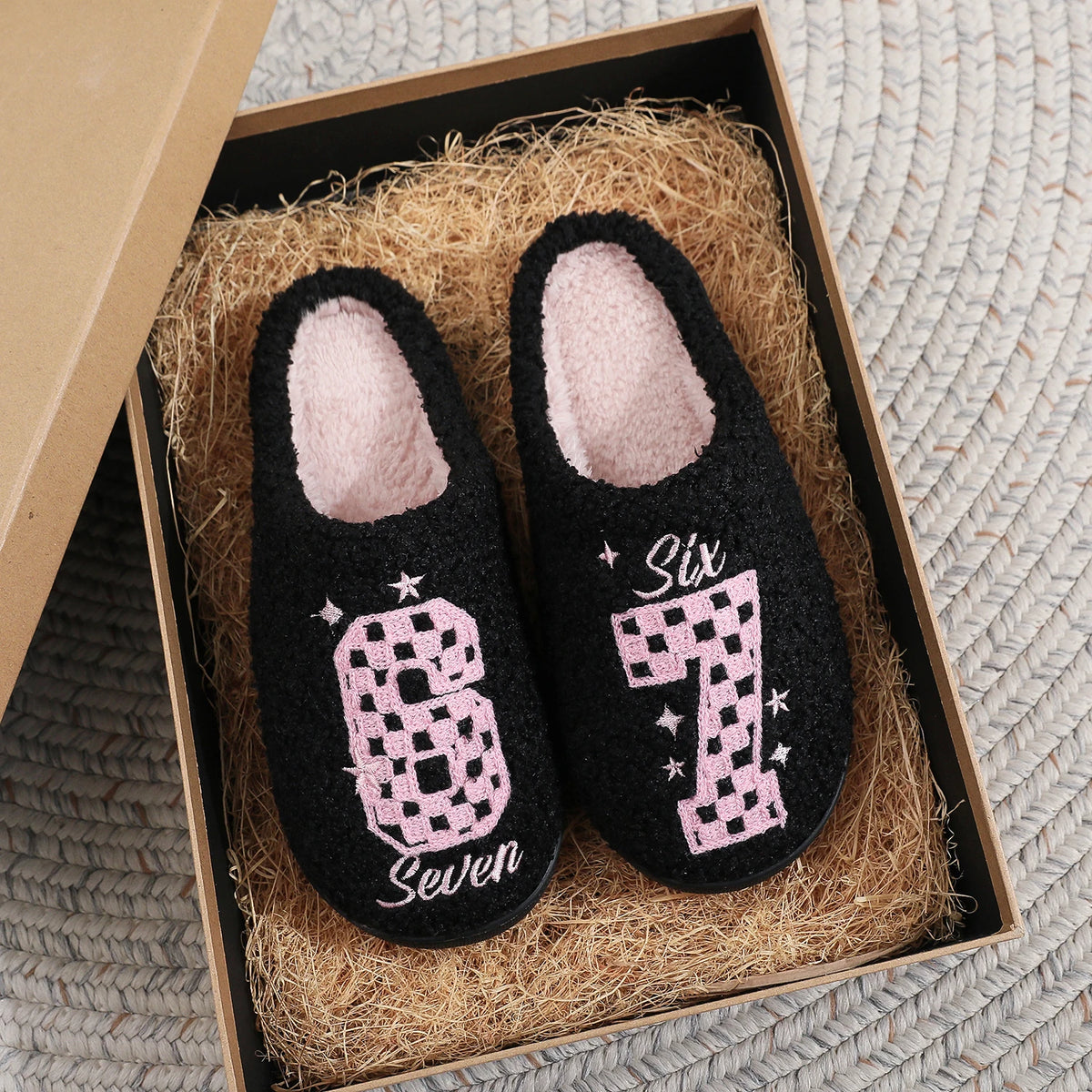 Checkerboard Pattern Number 67 Plush Non-Slip Cotton Slippers