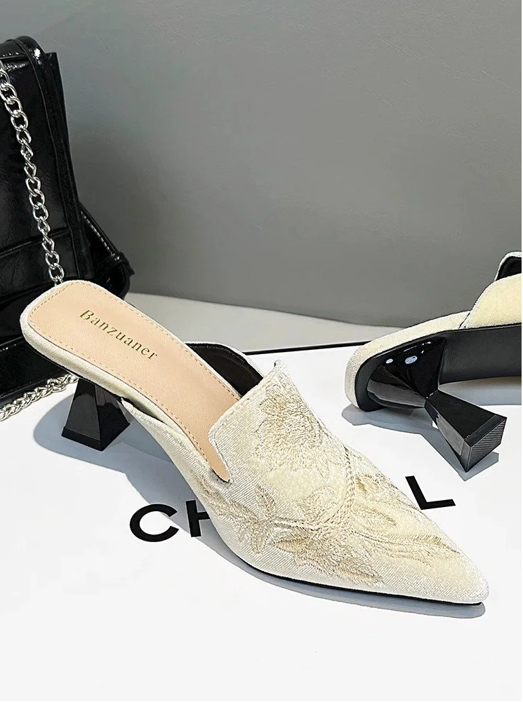 Elegant Velvet Mule Heels Pointed Toe Cone Heel Shoes