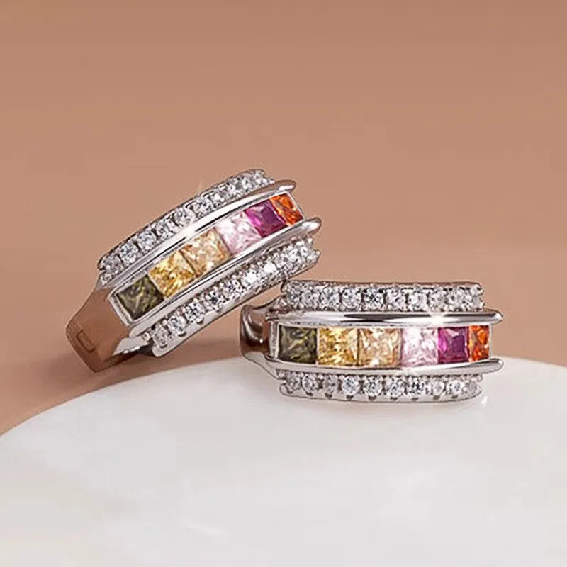 925 Sterling Silver Colorful/White Princess CZ Hoop Earrings