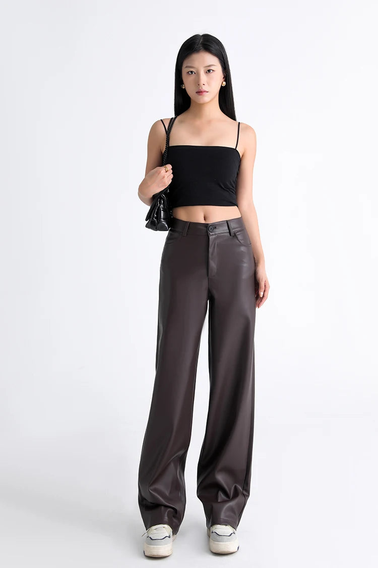 Fall Winter Fleece Loose Wide Leg Leather Pants