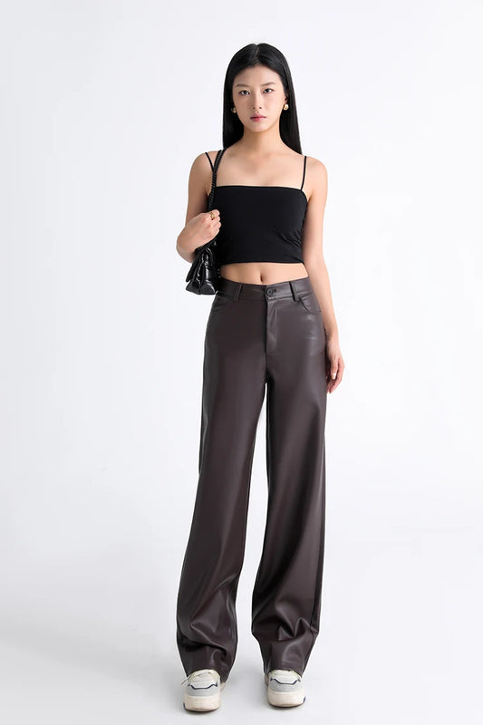 Fall Winter Fleece Loose Wide Leg Leather Pants