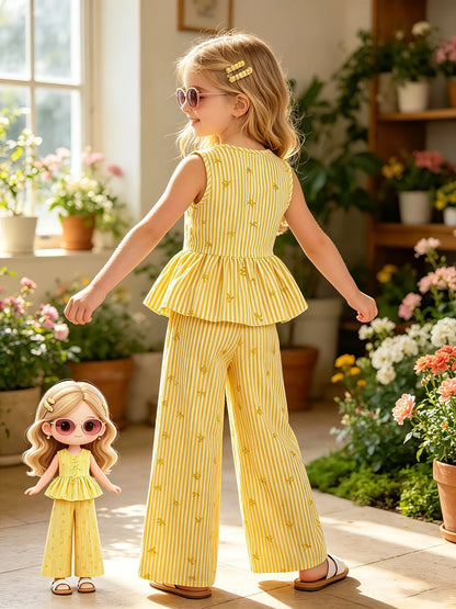Yellow Vertical Stripe Bow Print V Neck Sleeveless Peplum Set