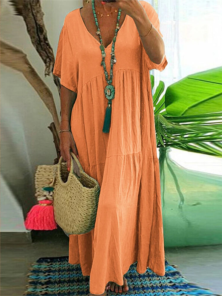 Plus Size Casual Loose V-Neck Solid Long Dress S