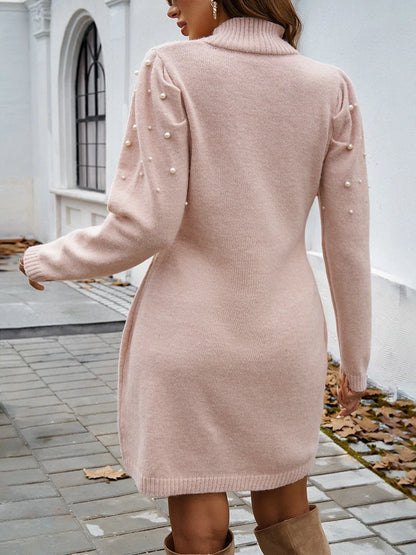 Elegant Knitted Warm Thick Slimming Pearl Long Sleeve Wrap Hip Dress