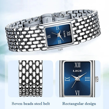 Quartz Silver Simple Square Luxury Stainless Steel Folding Wristwatch