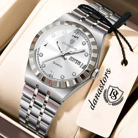 Luminous Waterproof Week Date Stainless Steel Quartz Watches