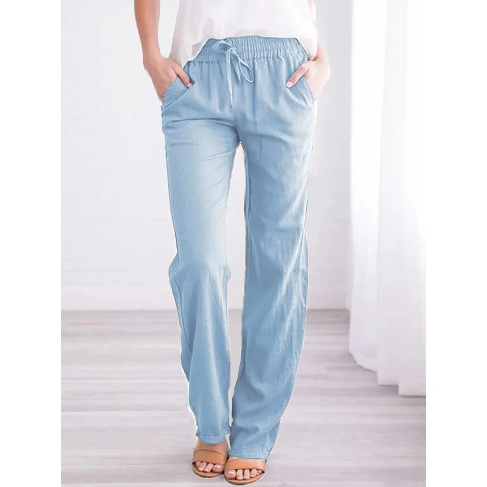 Cotton Linen Drawstring Baggy Straight Leg Pants