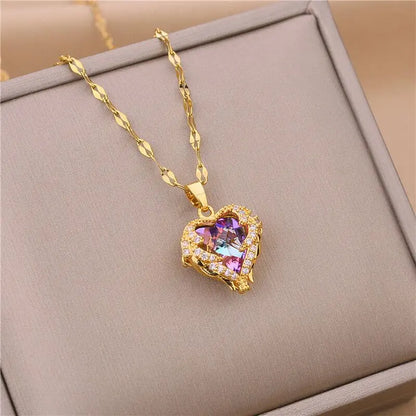 Colorful Crystal Ocean Heart Pendant Necklace Jewelry