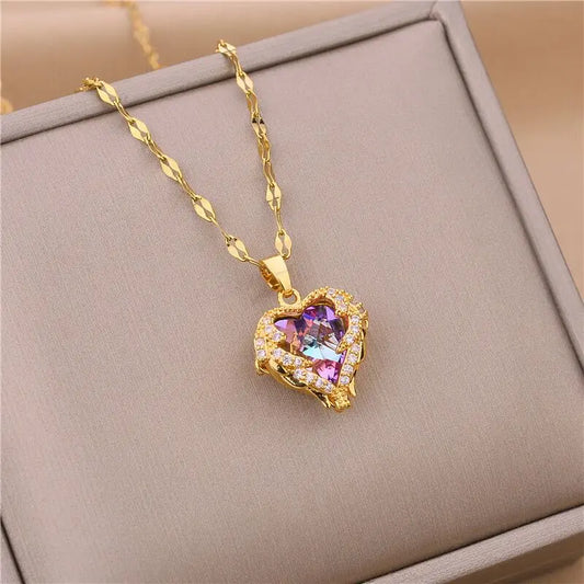 Colorful Crystal Ocean Heart Pendant Necklace Jewelry