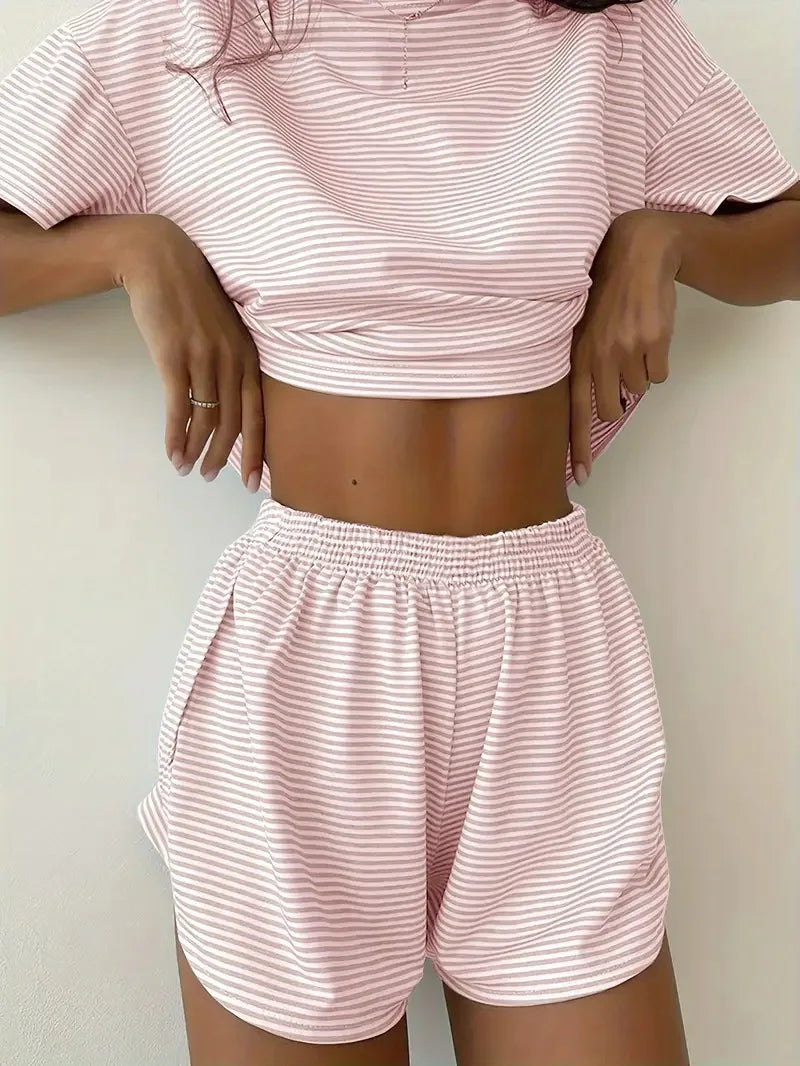 Striped Short-Sleeved T-Shirt and Shorts Home Wear Pajama