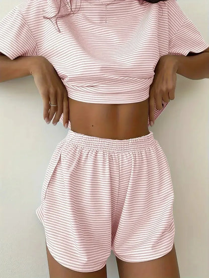 Striped Short-Sleeved T-Shirt and Shorts Home Wear Pajama