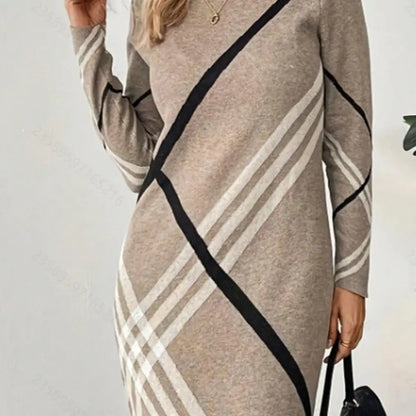 Plus Size Apricot Beige Cross Stripe Sweater Long Sleeve Knitted Midi Shift Dress