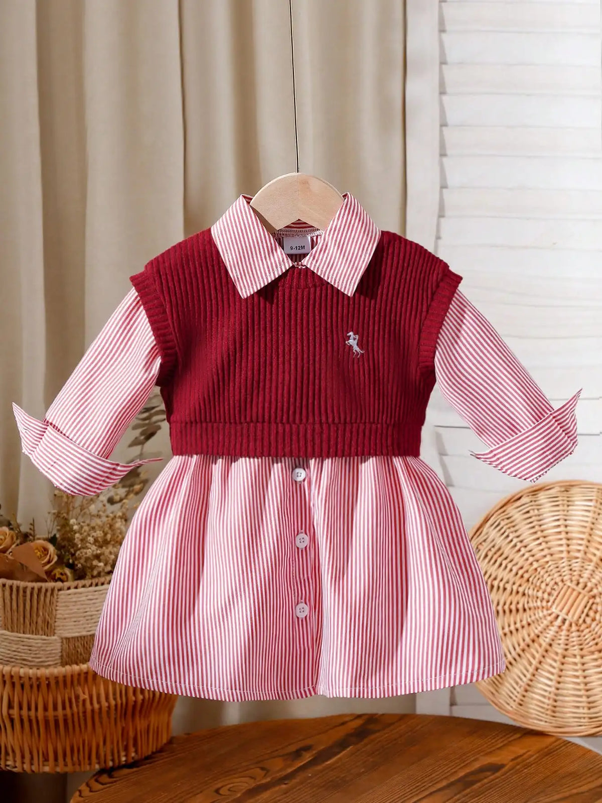 Baby girl embroidered vest and striped long-sleeved shirt dress