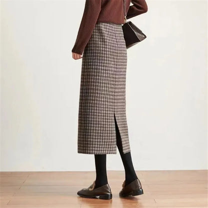 Y2k Slim Classic Plaid Midi Skirts Autumn Vintage Elegant Skirts
