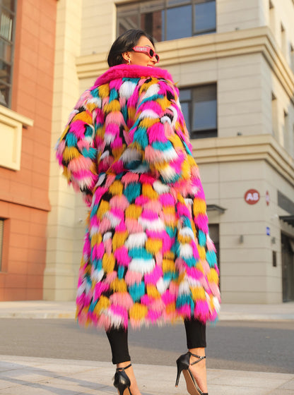 Elegant Faux Fur Rainbow Long Artificial Turf Coat
