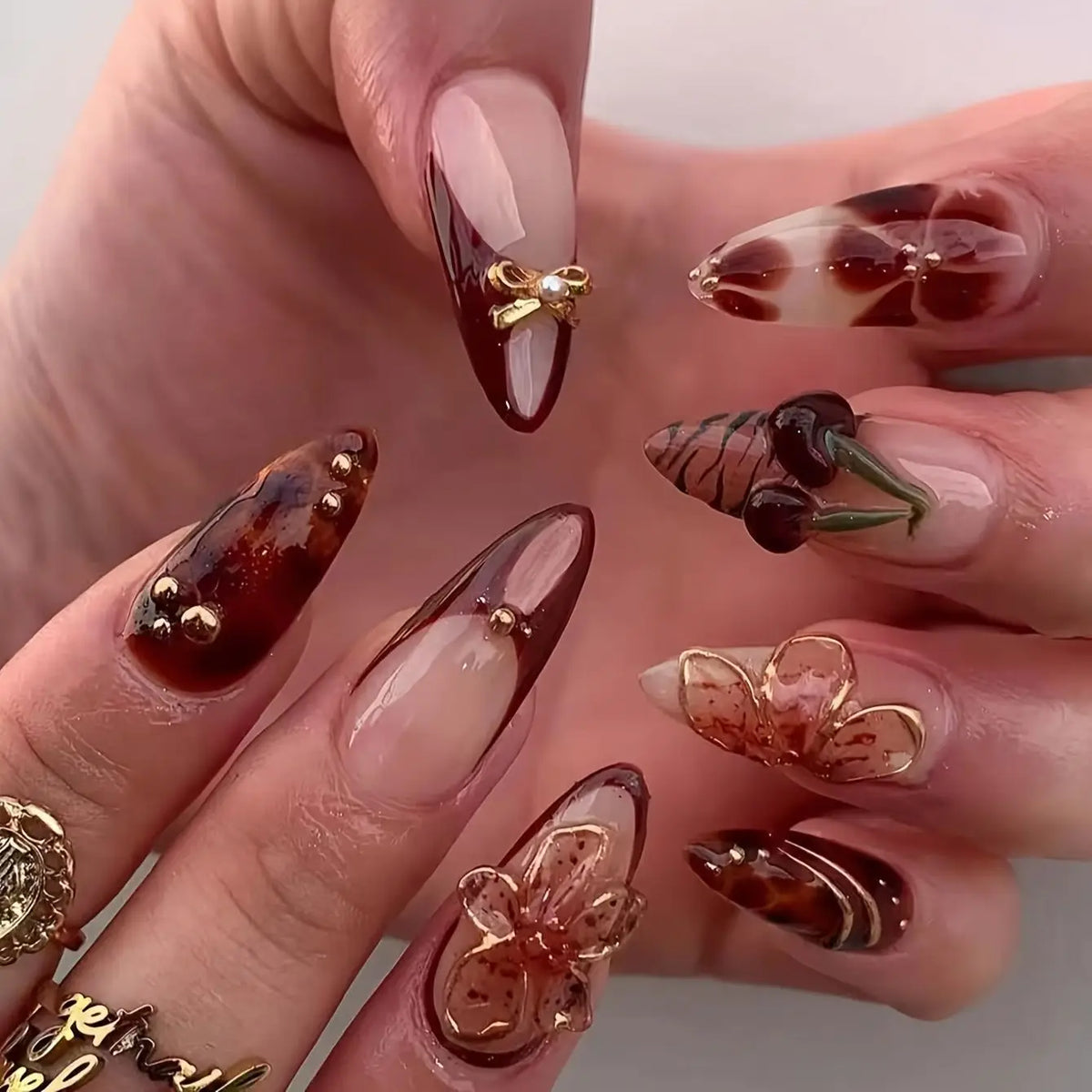 24Pcs Gilded 3D Flower Press on Nails Black French Leopard Print False Nails