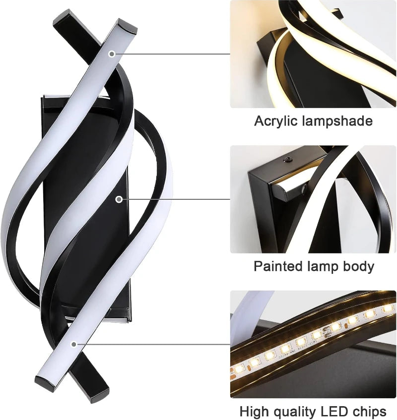 Curved Spiral Design LED Wall Lamp for Bedroom Bedside Corridor