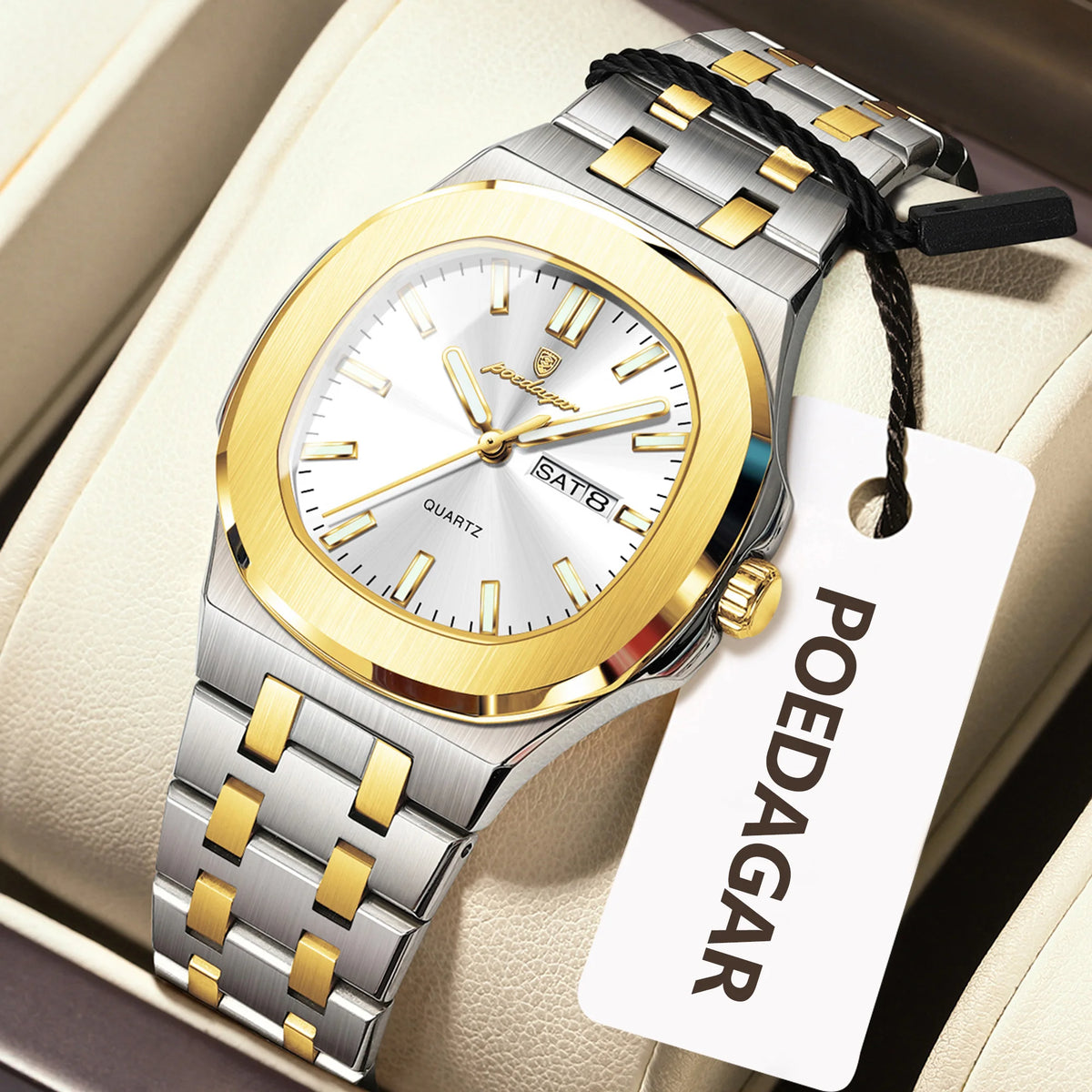 Square Date Week Waterproof Luminous Stainless Steel Quartz Watches