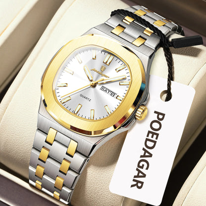 Square Date Week Waterproof Luminous Stainless Steel Quartz Watches