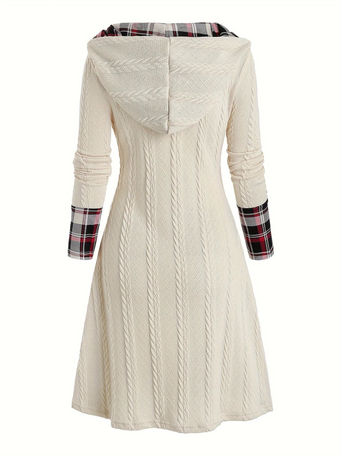 Knitted hooded plaid print stitching fake buckle high waist long sleeve dress