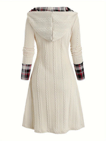 Knitted hooded plaid print stitching fake buckle high waist long sleeve dress