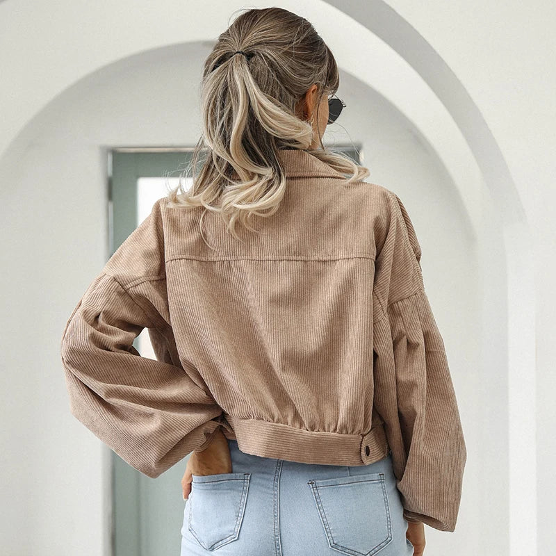 Cropped Corduroy Overcoat Single Breasted Lantern Sleeve Coats Jacket