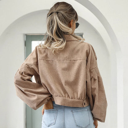 Cropped Corduroy Overcoat Single Breasted Lantern Sleeve Coats Jacket