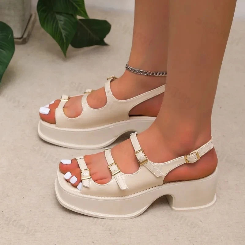 Platform High Heel Non-slip Square Toe Buckle Strap Shoes