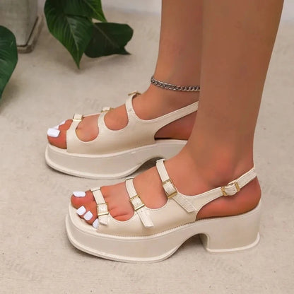 Platform High Heel Non-slip Square Toe Buckle Strap Shoes