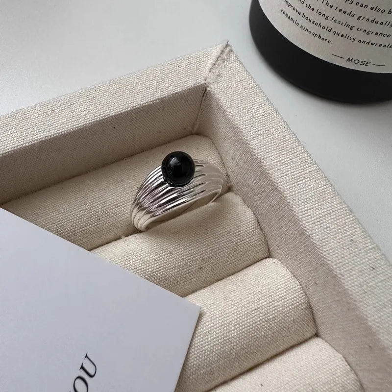 925 Sterling Silver Geometric Black Stone Rings