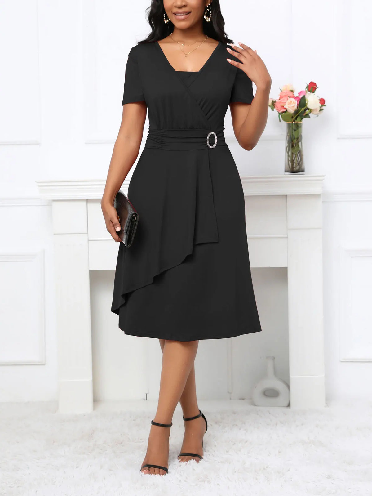Short Sleeve Square Neck Casual Wrap Fit And Flare Swing Midi Dress