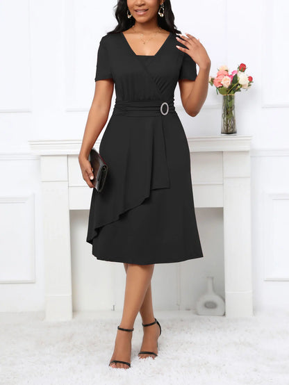 Short Sleeve Square Neck Casual Wrap Fit And Flare Swing Midi Dress