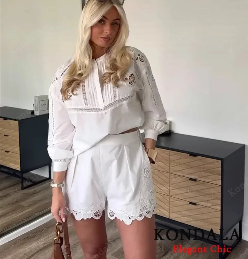 Elegant Loose Shirt Lace High Street Shorts Set