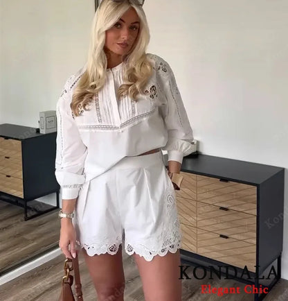 Elegant Loose Shirt Lace High Street Shorts Set
