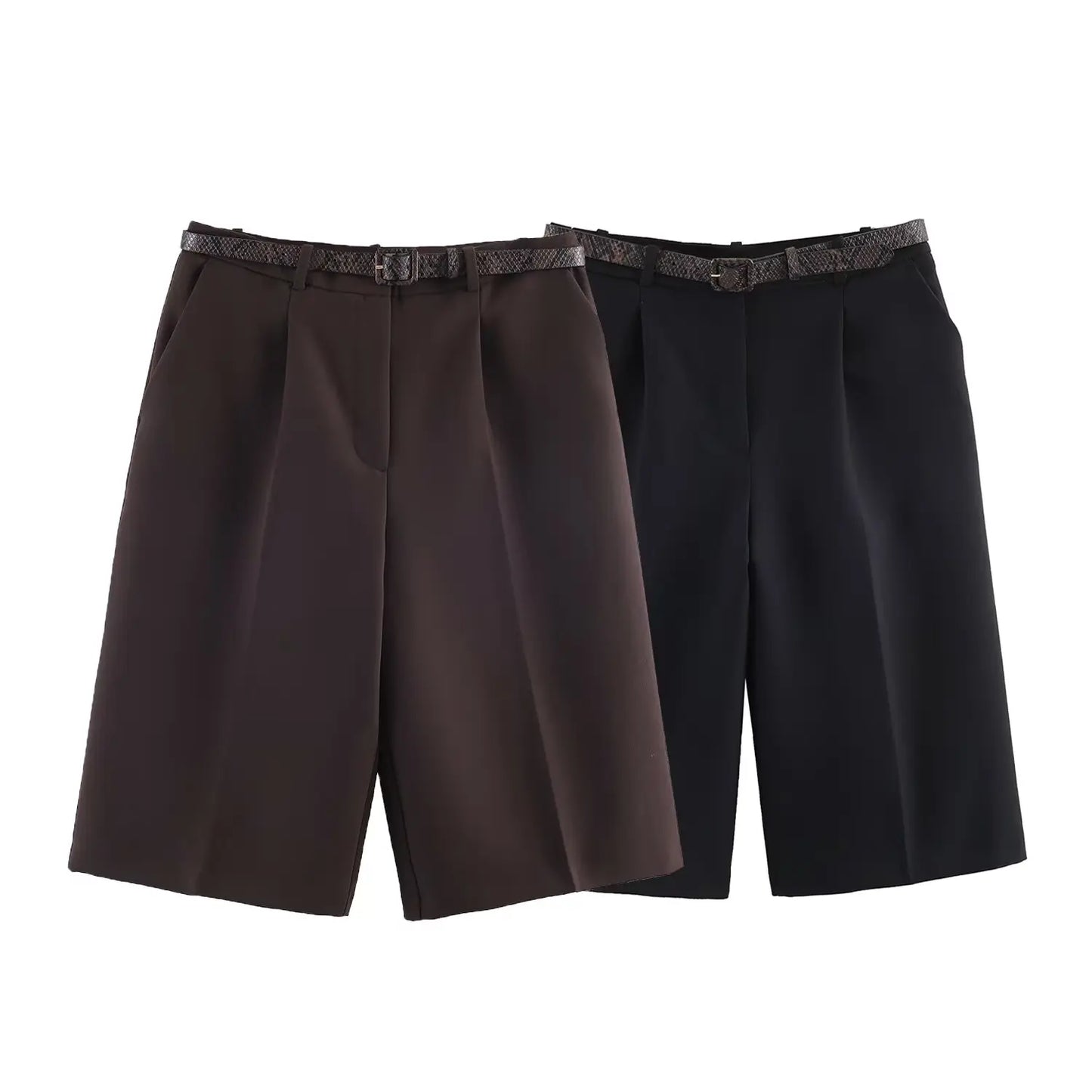 Long Style Casual Shorts Vintage High Waist With Belt Shorts