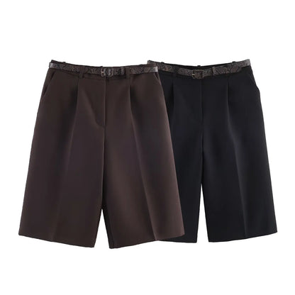 Long Style Casual Shorts Vintage High Waist With Belt Shorts