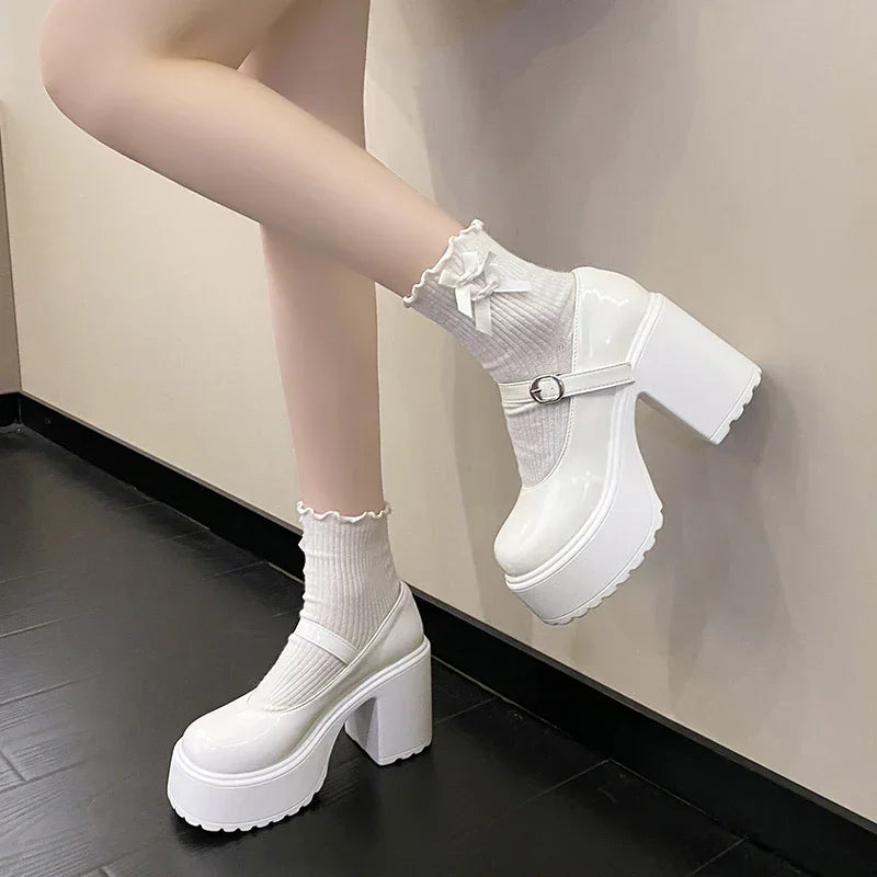 Chunky Platform High Heels Pumps Pu Leather Shoes