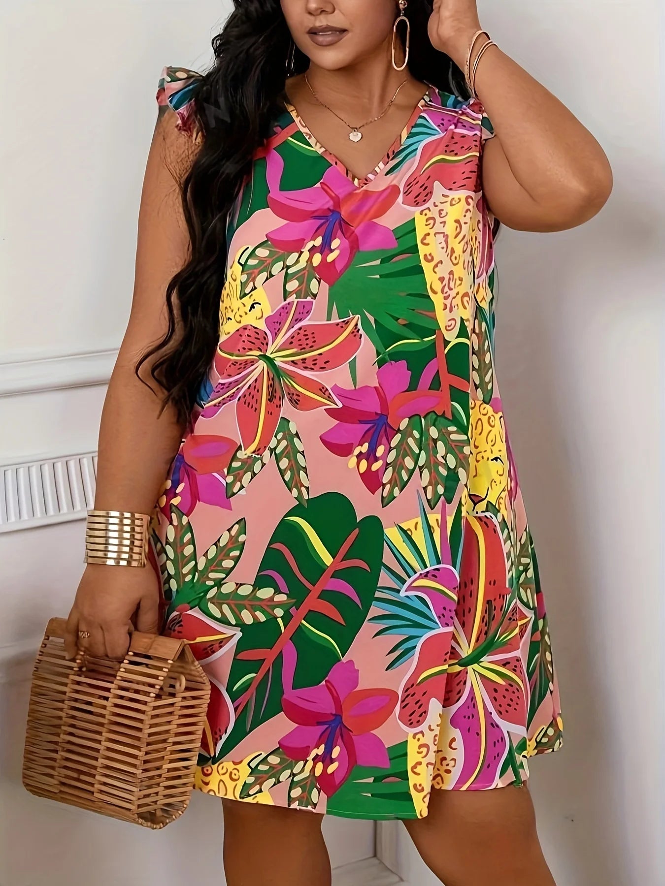Casual Floral V Neck Curve Butterfly Sleeve Dress