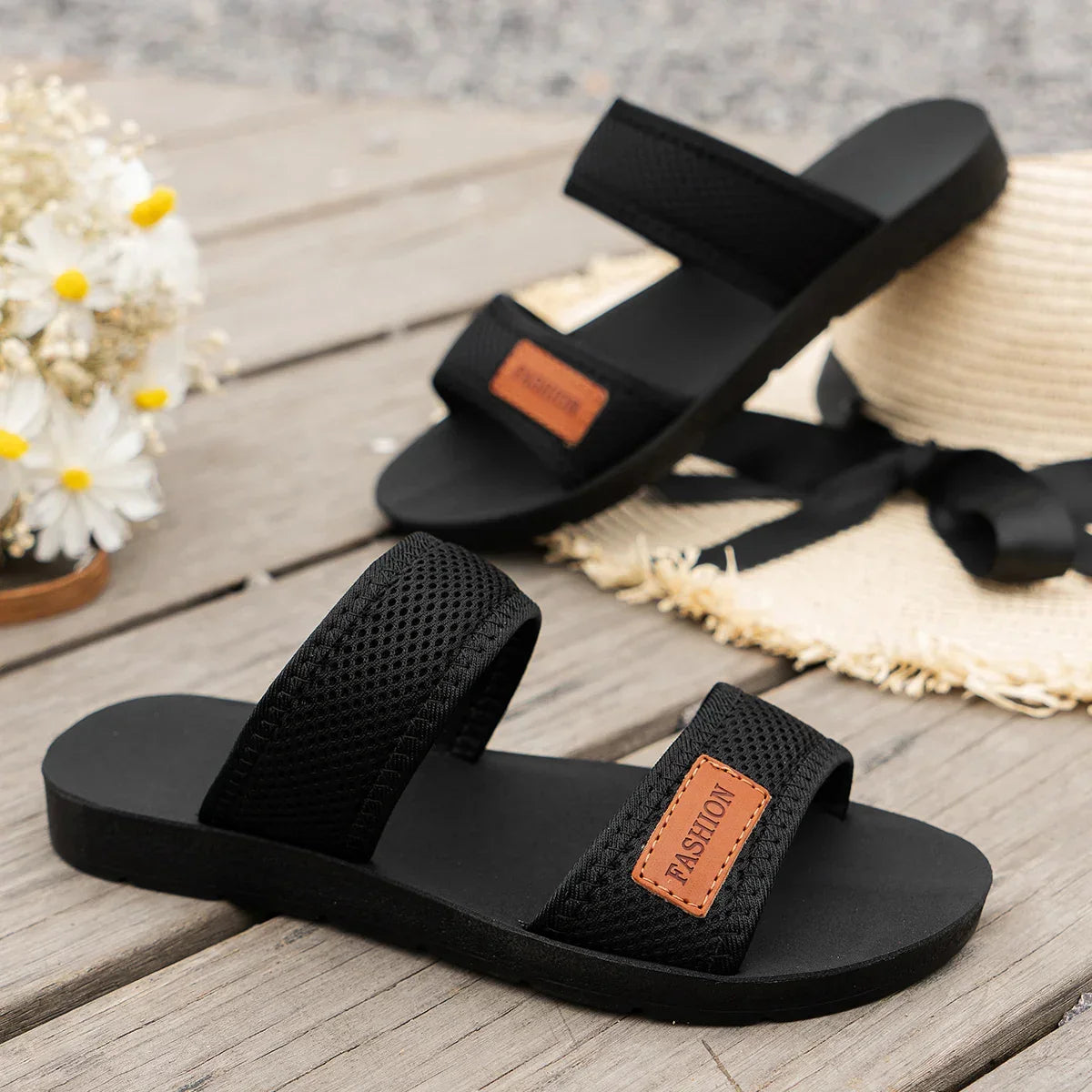 Toe-Open Flat Bottom Slip-On Mesh Material Slippers