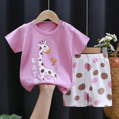 Baby Girl Cotton T-shirt  Giraffe Cartoon Set