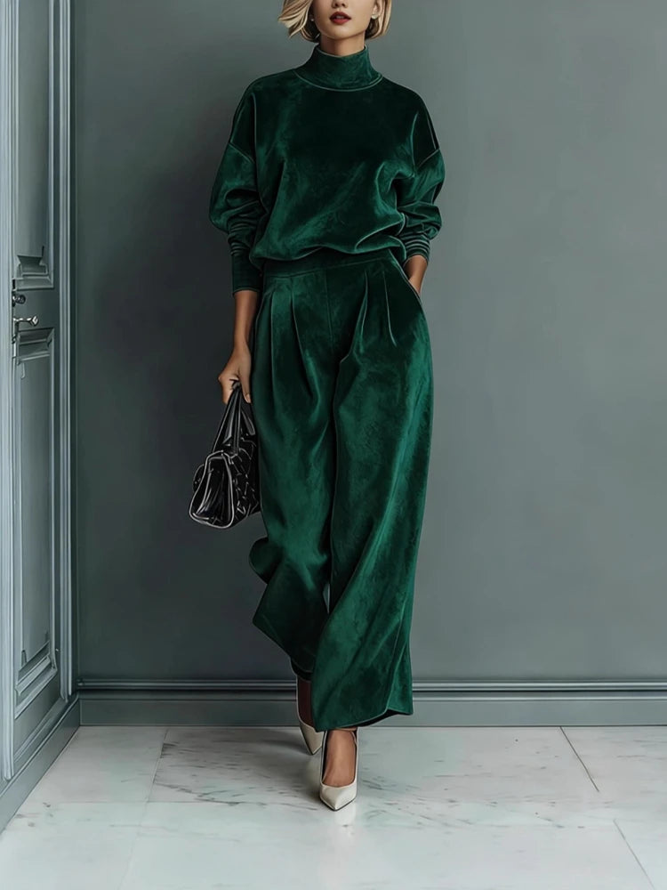 High Collar Gold Velvet Long Sleeve Casual Sports Wide Leg Set
