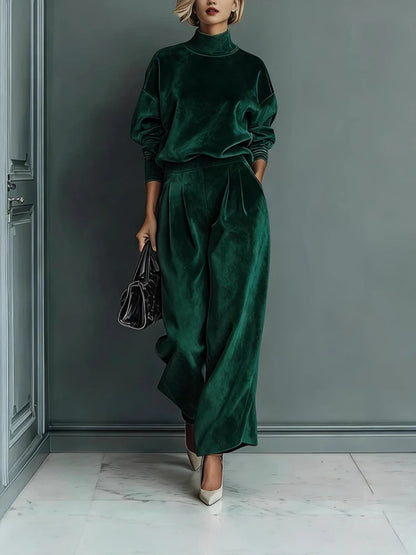 High Collar Gold Velvet Long Sleeve Casual Sports Wide Leg Set
