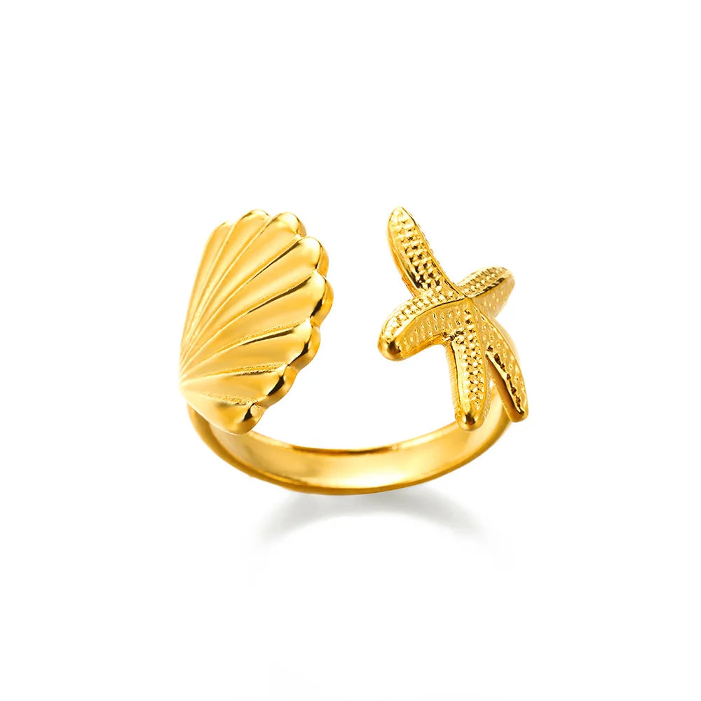 Stainless Steel Starfish Open Rings Gold Geometric Adjustable Ring