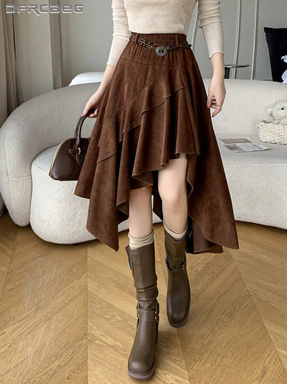 American Retro Asymmetry Suede  Bohemian Midi Skirt
