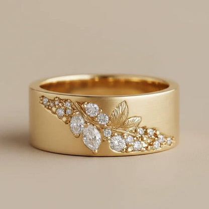 Exquisite Plant Leaf Pattern Gold Wide Face Inlaid with Zircon Finger Rings