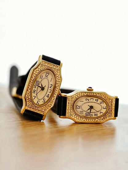 Gold French retro style waterproof quartz leather strap watch