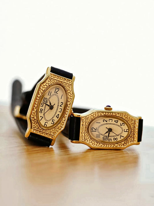 Gold French retro style waterproof quartz leather strap watch
